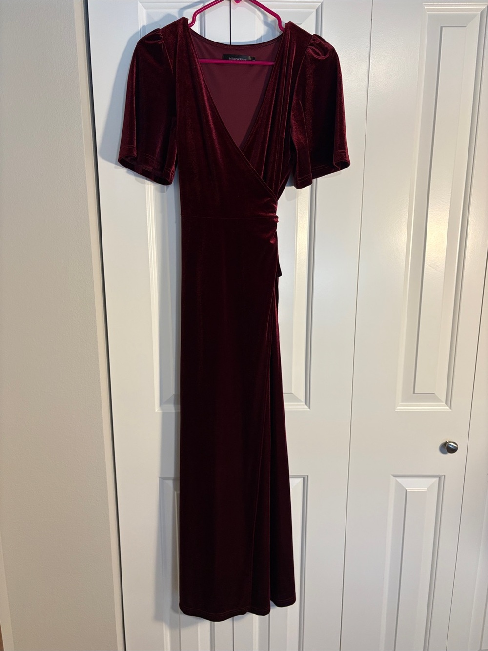 Women's Velvet Wrap Maxi Dress in Burgundy